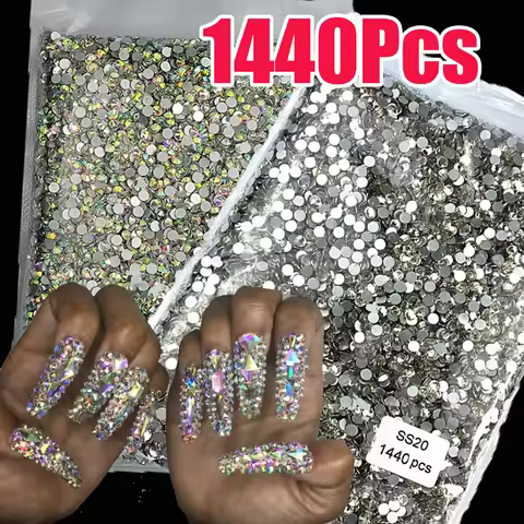 1440Pcs 3D SS3-SS20 AB/Clear Nail Art Rhinestone Non-HotFix (1.3mm-4.8mm) AB Sliver Glitter Nail Dia
