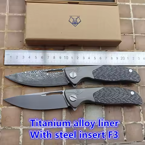 JUFULE Shirogorov F3 CD Damascus/Mark M390 Ceramic Bearing Titanium Carbon Fiber Tactical Camp Hunt 