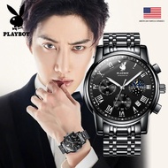 Playboy Luxury Chronograph นาฬิกาผู้ชายกันน้ำผู้ชายแฟชั่นสแตนเลสสตีลมัลติฟังก์ชั่ควอตซ์นาฬิกาข้อมือธุรกิจปฏิทินส่องสว่าง