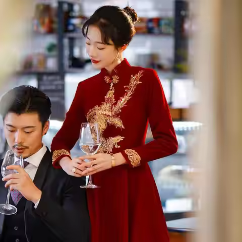 Phoenix Burgundy Formal Party Dress Oversize 6XL 7XL 8XL Velvet Chinese Style Cheongsam Bridal Weddi
