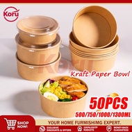 Kraft Salad Bowl 50pcs Round Disposable Leak-Proof Paper Bowl With Plastic Lid 500/750/1000/1300cc