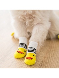 4入組可愛鴨子印花防滑寵物襪，適用於狗和貓