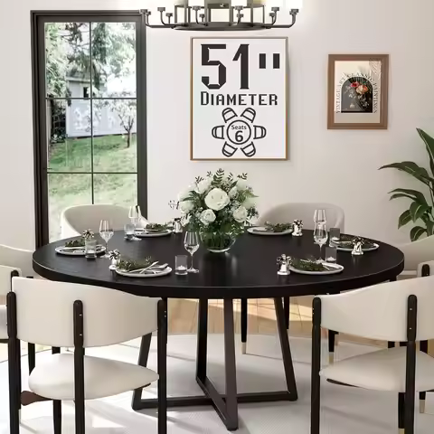 51 Inch Round Dining Table for 4-6 People, Ideal for Small Spaces, Wooden