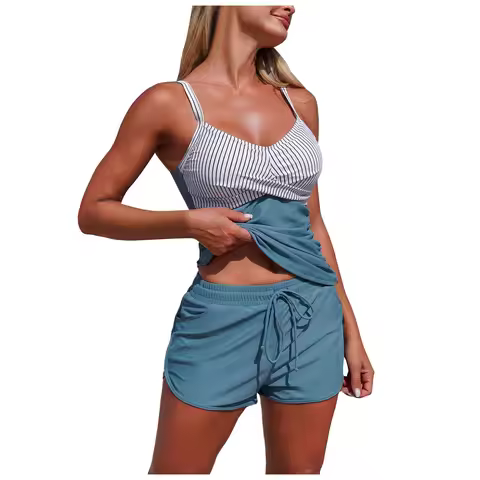 Ruched Swim Top Vest+Bikinibottom Shorts Split Swimsuit Two Pieces Tankini Set Womens' Stylish Conse