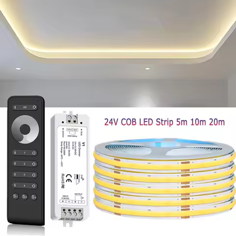 10m 20m COB LED Strip 24V Flexible Room Light 2.4G 1/4 Zone RF Dimming Remote Control Warm White Nat