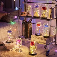LED Artificial Eternal Flower Rose Light Eternal Rose Glass Cover Bedside Night Light Mothers Day Gi