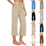 SPIN Linen Capri Pants for Women Wide Leg Capris Pant Summer Boho Dressy Casual Elastic Waist Beach 
