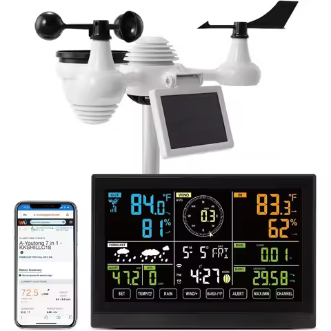 WiFi Weather Station 7-in-1 Indoor Outdoor with 7.5 Inch Color Display Weather Forecast Temperature 
