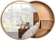 Round Bathroom Mirror Cabinet Bathroom Wall Cabinet with Shelf Dressing Table Round Mirror Sliding Door Solid Wood Storage Cabinet (Gold 50cm)