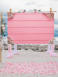 1塊粉色木板背景布,聚酯纖維材料粉色花和草木板裝飾橫幅,非常適合求婚,情人節,婚禮,攝影棚拍攝背景布