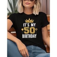T's My 50th Birthday Golden Crown & Balloon Print Women's T-shirt, 50th Birthday Party & Family Gath
