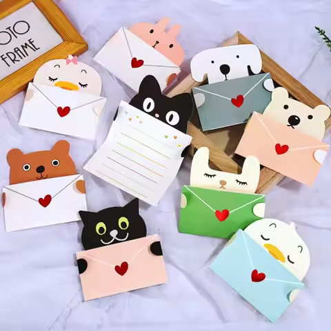9pcs Cartoon Gift Card Folded Envelope Greeting Card Cute Animals Holiday Wishes Postcards for Kids 