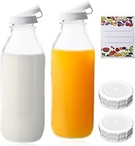 Set of 2 Glass Bottles with Lid, 1 Litre, Milk Bottles 1 Litre with Screw Cap, Swing Bottle for Fill
