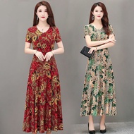 Middle-aged Elderly Women Dress Midle-Length Mother Dress Long Dress Large Size Loose Short-Sleeved 