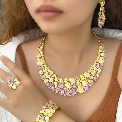 BeaQueen Brazilian Gold Plated Jewelry Set for Women Luxury Big Wedding Yellow Pink Cubic Zircon 3 T