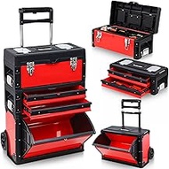 Beeveer Stackable Rolling Tool Box Portable Metal Tool Chest with Wheels and Drawers 28.35 x 20.47 x 12.6 Inch Trolley Toolbox Organizer 3 Tier Red Upright Tool Bin for Garage or Workshop
