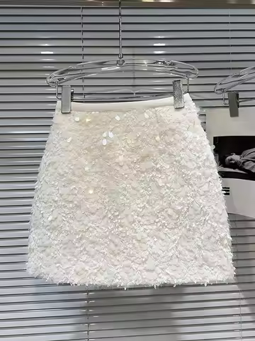 Women's Skirt White Sequins Wrap Hips Slim Short A-line High Waist Elegant Mini Skirts 2026 Summer N