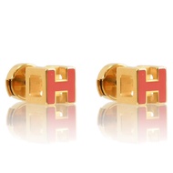 HERMES Cage DH立體H LOGO耳針式耳環.金/珊瑚紅
