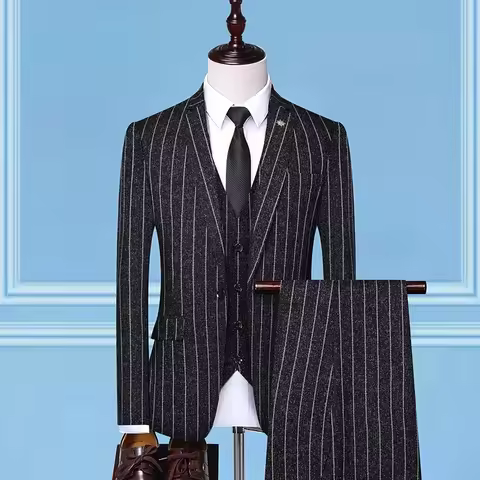 2025 Suit (suit + Vest + Trousers) Single Button Fashion Business Vertical Stripe Gentleman Suit Kor