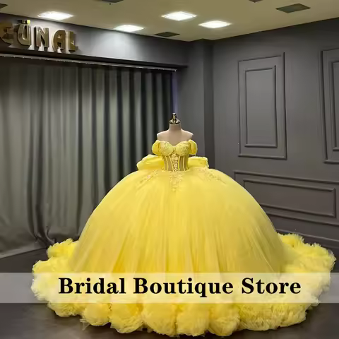 Yellow Quinceanera Dresses Ball Gown Glitter Beading Crystal Tulle layering Long tail Vestido De 15 