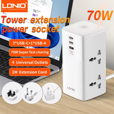 LDNIO 7 in 1 2500W Tower Extension Power Socket 70W Charging Station USB Power Strip 2 Outlets 2 USB