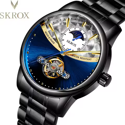 SKROX Moon Phase Automatic Movement Man Watch Mechanical Waterproof knight Wrist Watches Stainless S