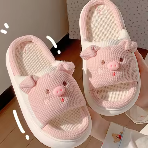 2023 New Pink 3.5cm Fashion Soft Ladies Casual Cute Piggy Pattern Design Comfortable Female Linen Ho