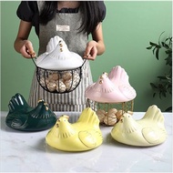 ❖℗✟Large Stainless Steel Mesh Wire Egg Storage Basket with Ceramic Farm Chicken Top and Handles