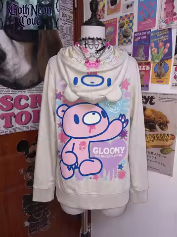 Y2K Vintage Subculture Kawaii Coat Cartoon Bear Graphic Loose Hoodie Women Bear Ear Coat Autumn Wint
