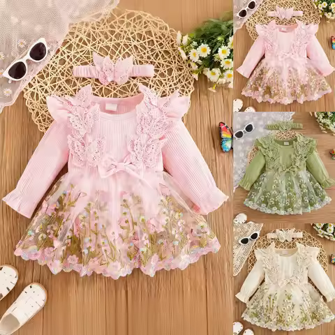 24 Month Dress Baby Girl Casual Butterfly Splice Romper Dress With Headband Youth Girls Dress