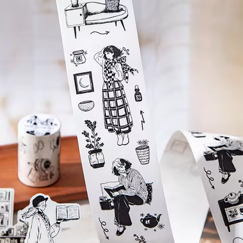 Mr. Paper Character Pattern Tape 1 roll black white girl daily life silhouette cutting tape family l