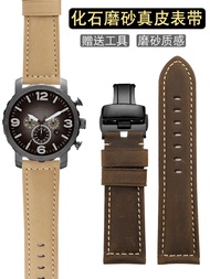 2024 Suitable For FOSSIL Fossil Watch Strap Genuine Leather Men's ME3099/BQ2364 Dark Brown Retro Frosted Watch Strap 22
