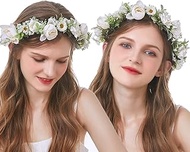 Bubbmi Bridal White Flower Wreath Headband, Green Leaf Crown, Greenery Garland for Wedding Party, Fe