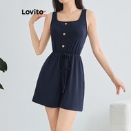 Boho Plain Lace Up Button Jumpsuit for Women L112ED602