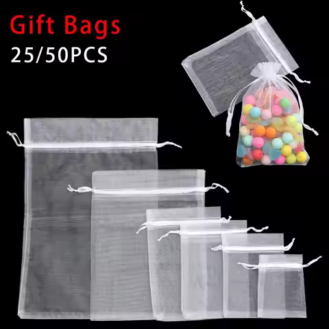 25/50PCS White Drawstring Organza Bags 7x9 9x12 10x15 11x16 17x23 20x30cm Wedding Party Jewelry Gift