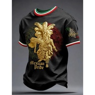 Mexican Pride Gold Aztec Warrior Graphic Men’s T‑Shirt, Black Striped Collar Short Sleeve , Casual C
