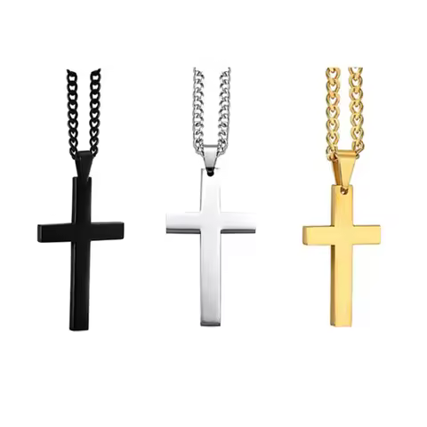 Religious Jewelry Cross Pendant Necklace Men Women Collar Gold Color Chain Simple Punk Stainless Ste