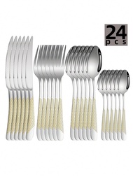 24pcs Star Decor Cutlery Set, Gold-Color Stainless Steel Flatware Set - Includes Knife, Fork, Spoon 