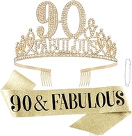 FASOTY 90th Birthday Decorations for Women,90th Birthday Sash,90th Birthday Crowns for Women 90 and