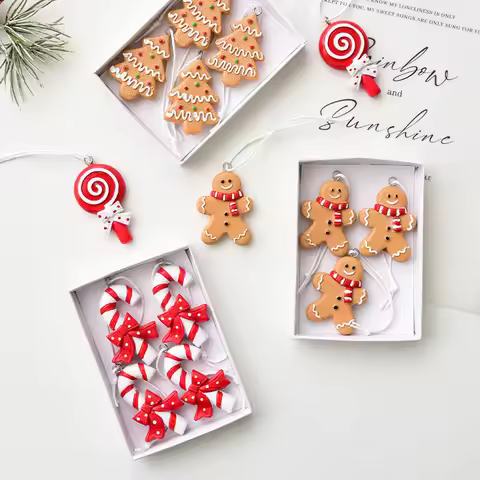 4PCS Christmas Candy Cane Gingerbread Man Tree Hanging Handmade DIY Matching Decorated Christmas Tre