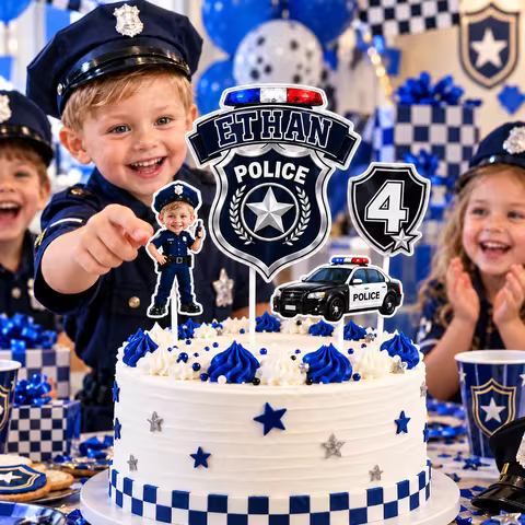 Custom Police Cake Topper Personalized Photo Name Age Boy Girl Cop Car Badge Themed Kids Birthday Pa