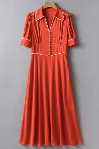 Orange Red Polo Collar Midi Shirt Dress UK 6-UK 16