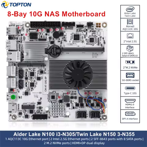 Topton 10G 8-Bay NAS Motherboard Intel Core i3-N300 N150 2*SFF-8643 to 8*SATA 2xNVMe PCIEX1 DDR5 Min