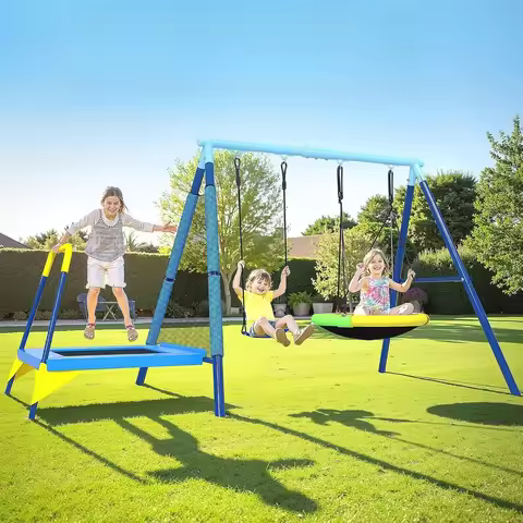 Heavy Duty 440lbs Kids Swing Set with Saucer Swing Belt Seat and 4ft Trampoline Outdoor Playground f