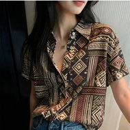 Women's Short Sleeve Shirt - Point Collar with Aztec Geometric Print, Relaxed Fit, Casual Trendy Des