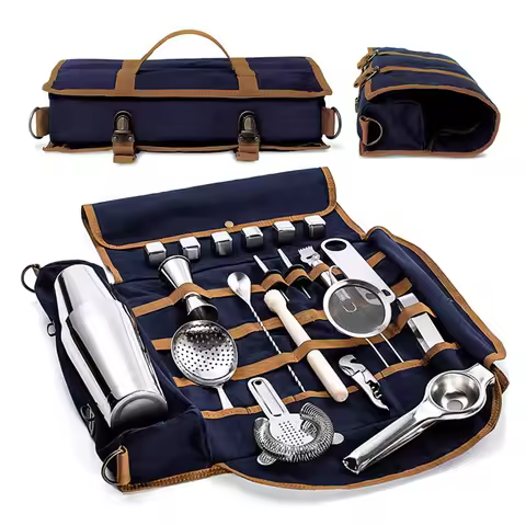 Travel bar tool kit with cocktail set, travel bartender kit, portable bar roll with shoulder strap a