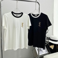 YSL New European Diamond Heavy Industry Pure Cotton T-shirt Couple Wear Men's And Women's Tops Large Size Loose Short-sl