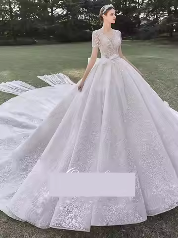 New Short Sleeved Wedding Dress Bride's Wedding Temperament Starry Sky Sequins Lace Outdoor Veil Bow