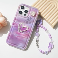 [3D22] Softcase purple motif love mutiara timbul + tali strap manik aesthetic Lucu Cewe Case Clear L