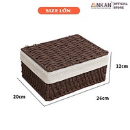 Giỏ Mây Có Nắp Đựng Đồ, Đựng Mỹ Phẩm, Đựng Đồ Ăn Vặt Để Bàn, Decor Chụp Ảnh Sản Phẩm Lót Vải Vintage